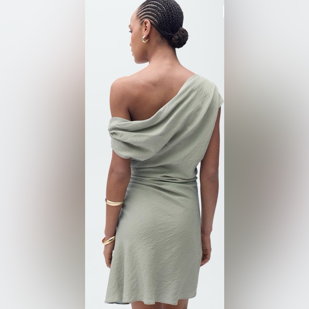 NWT - Mango asymmetrical draped short dress, sage green, size S - Picture 4 of 11